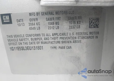 2014 Chevrolet Malibu 2Lt from USA, damaged, VIN 1G11E5SL3EU131801